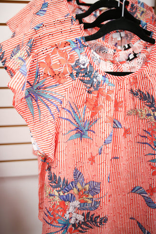 Red Stripe Floral Print Short Sleeve Top | Jenny VOY