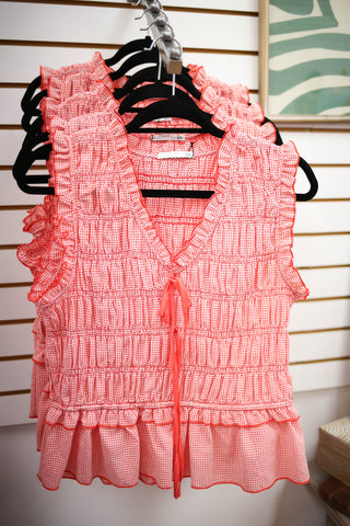 Red and white Gingham print tank top with smocking