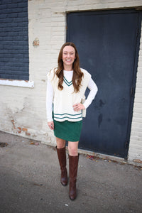 Cream and Hunter Green Varsity Vest | Boutique Elise | Veronica Blu Pepper