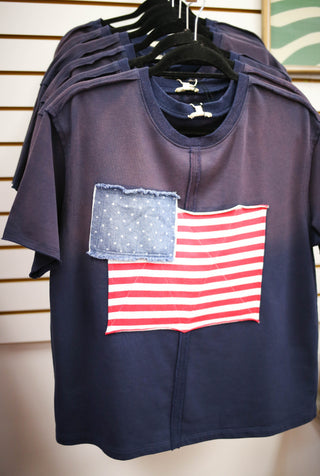 navy American Flag patchwork short sleeve top