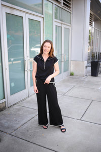 Black Top and Pants Set with White Stitch Hem Details