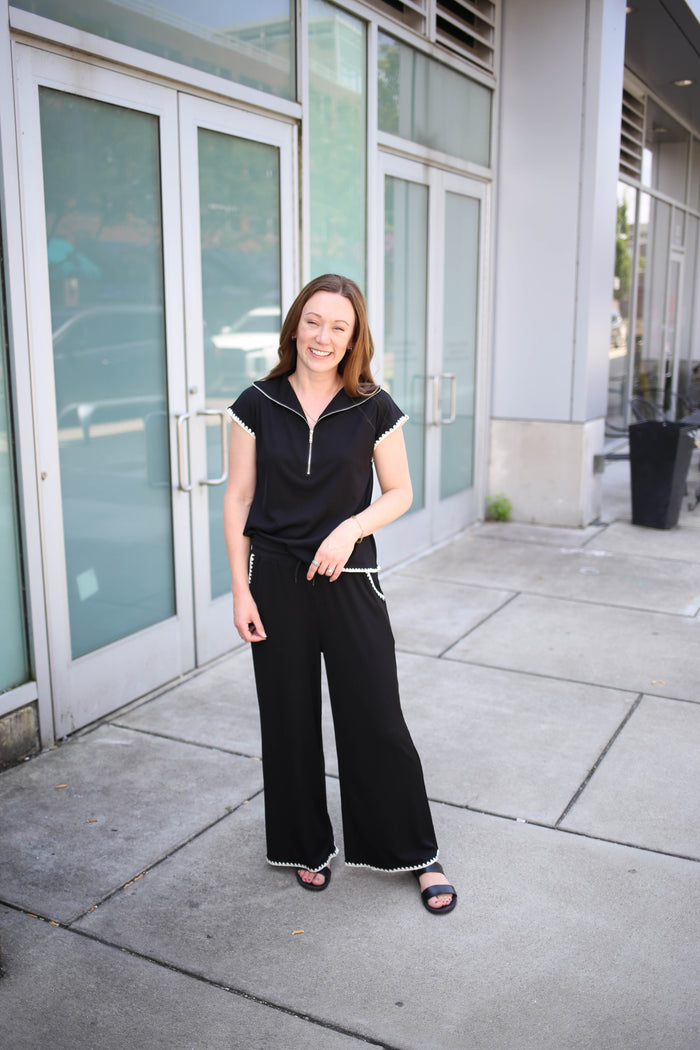 Black Top and Pants Set with White Stitch Hem Details