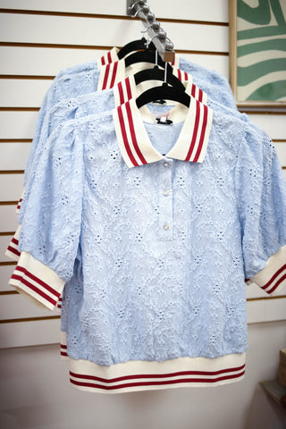 Blue and Red Stripe Detail Short Sleeve Top | Alice VOY