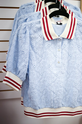 Blue and Red Stripe Detail Short Sleeve Top | Alice VOY
