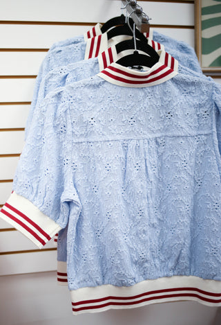Blue and Red Stripe Detail Short Sleeve Top | Alice VOY