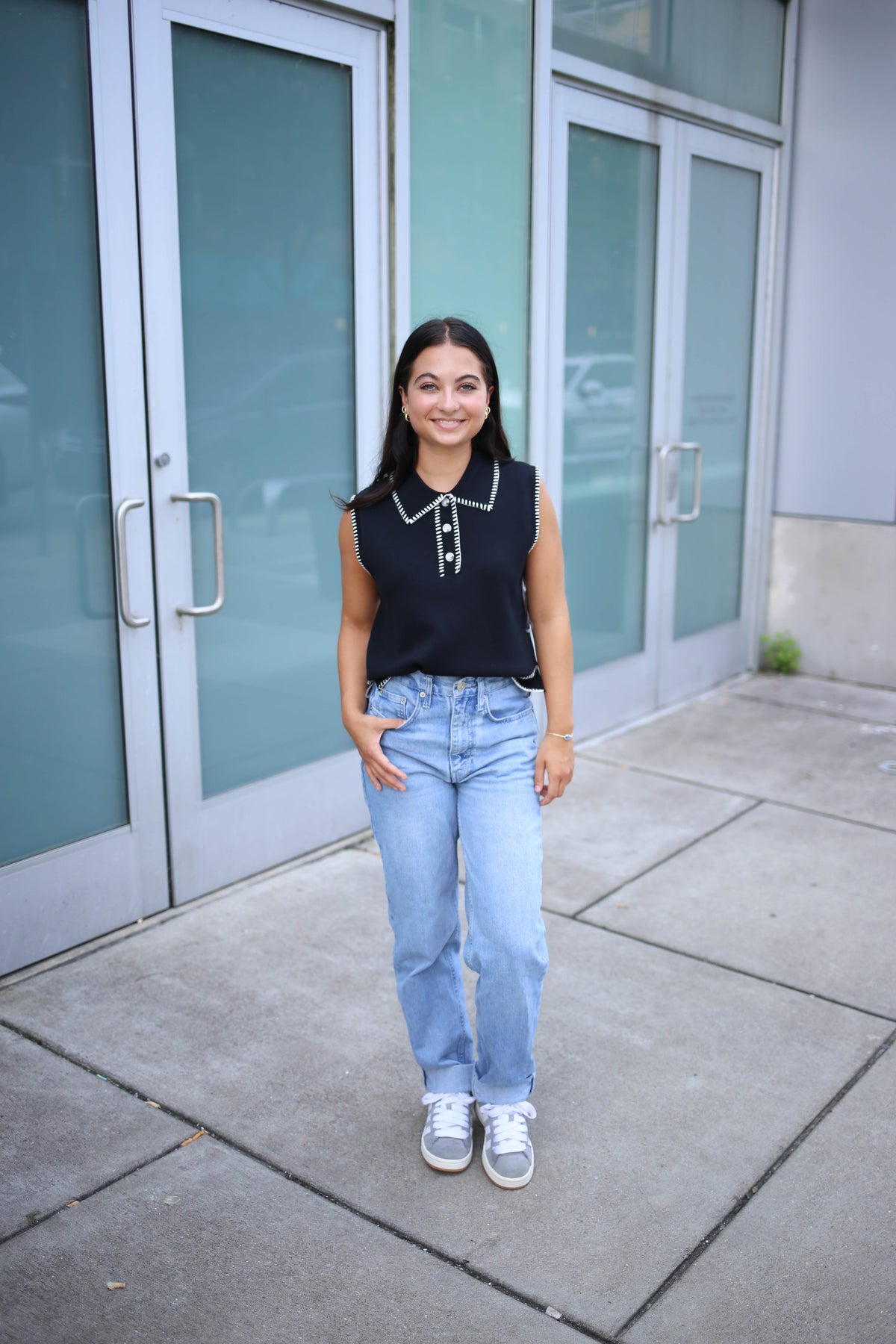 Black with White Stitch Detail Tank Top | Blakely Entro