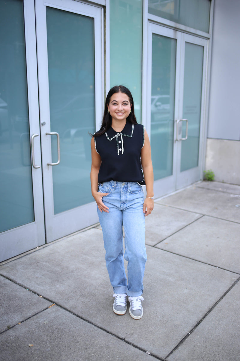 Black with White Stitch Detail Tank Top | Blakely Entro