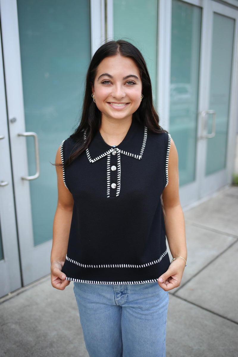 Black with White Stitch Detail Tank Top | Blakely Entro