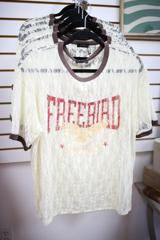 Cream lace short sleeve top with Freebird graphic