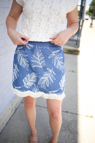 Light Denim Embroidery and Fringe Skirt | Nora Entro