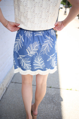 Light Denim Embroidery and Fringe Skirt | Nora Entro