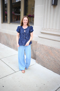 Denim Bow Detail Short Sleeve Top | Brittany Blu Pepper