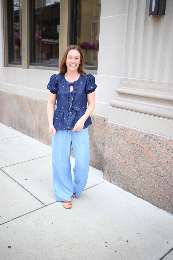 Denim Bow Detail Short Sleeve Top | Brittany Blu Pepper