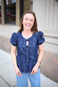 Denim Bow Detail Short Sleeve Top | Brittany Blu Pepper