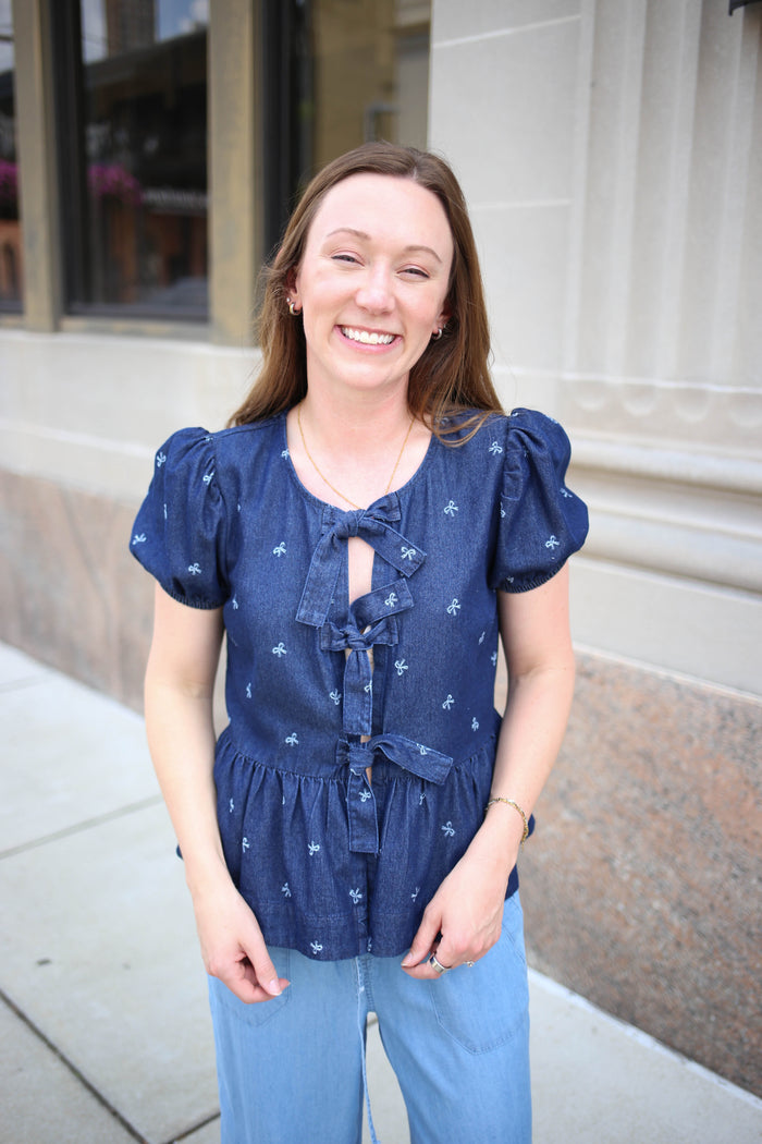 Denim Bow Detail Short Sleeve Top | Brittany Blu Pepper