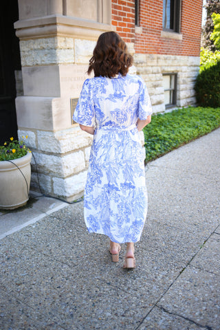 Blue and Ivory Printed Tie Waist Dress | Jessica VOY