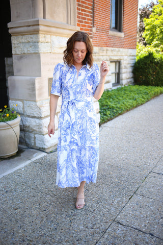 white and blue floral print midi dress
