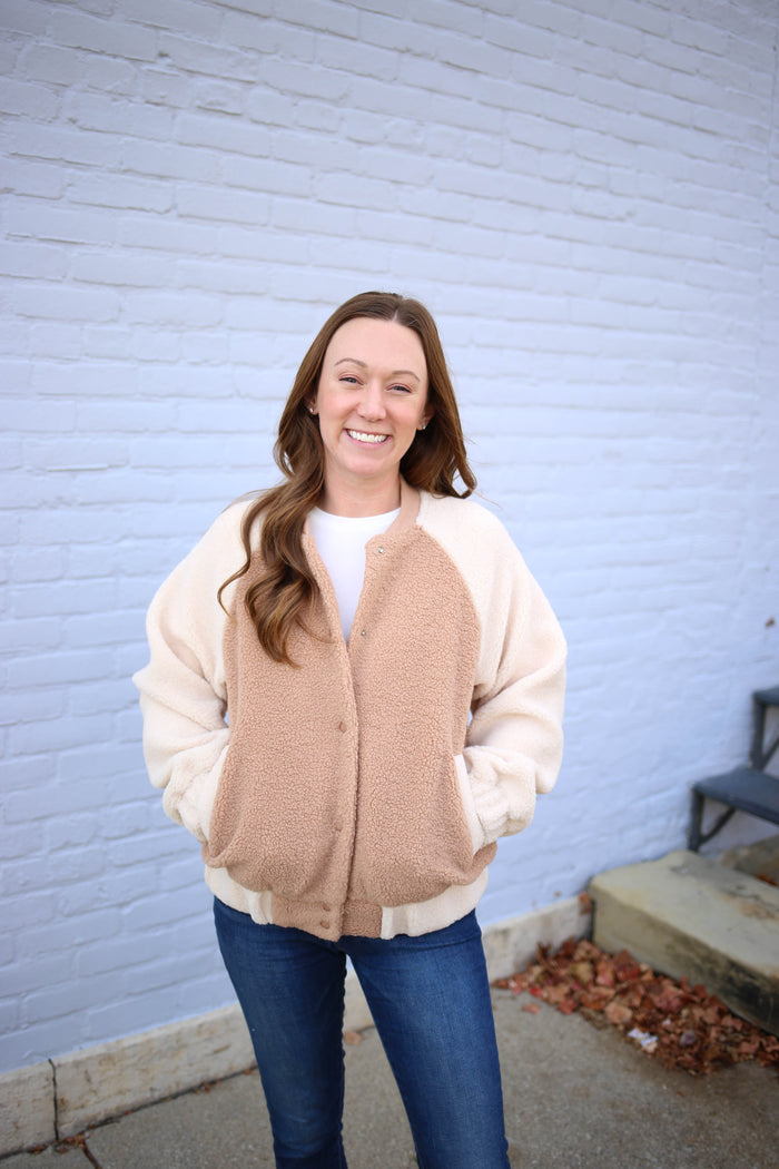 cream sherpa varsity jacket