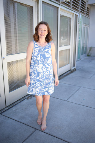 Denim Blue Leaf Print Shift Dress | Lindsey Sunday Edition