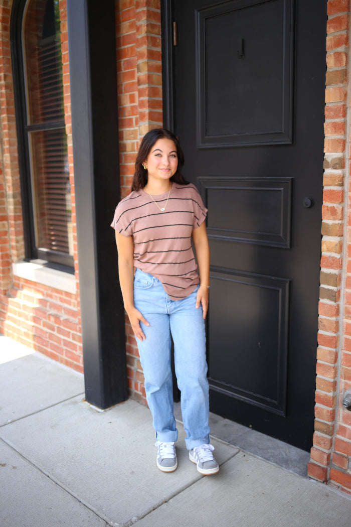 Brown and Black Stripe Short Sleeve Top