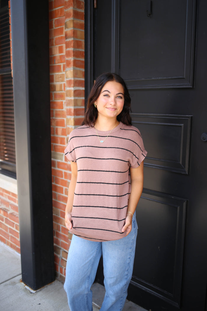 Brown and Black Stripe Short Sleeve Top