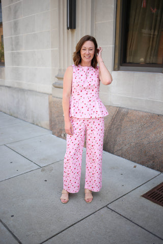 Pink and red floral print peplum top and pants set
