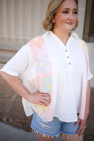 Ivory Daisy Patchwork Gauze Short Sleeve Top | Penny Hem & Thread