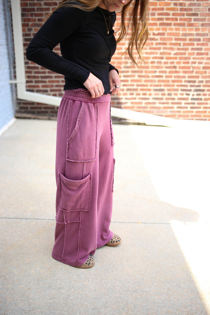 Burgundy Mineral Wash Wide Leg Sweatpants