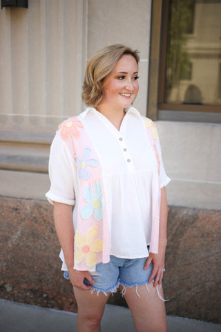 Ivory Daisy Patchwork Gauze Short Sleeve Top | Penny Hem & Thread