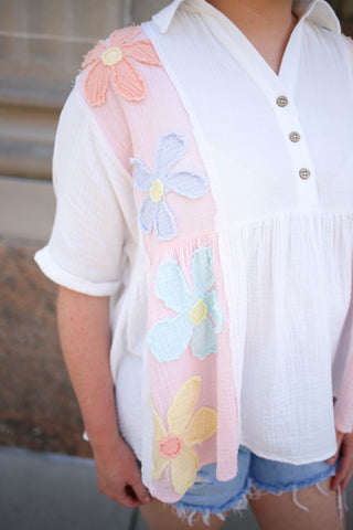 Ivory Daisy Patchwork Gauze Short Sleeve Top | Penny Hem & Thread