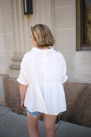 Ivory Daisy Patchwork Gauze Short Sleeve Top | Penny Hem & Thread