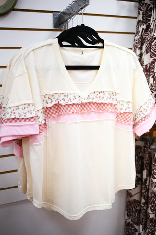 Cream mixed print short sleeve top, hem & thread