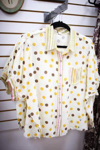 Polka dot and stripe button-down short sleeve top