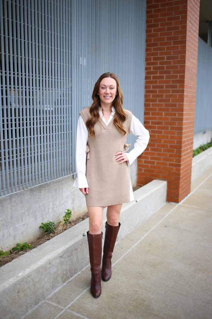blu pepper taupe knit sweater dress with sewn-in long sleeve top