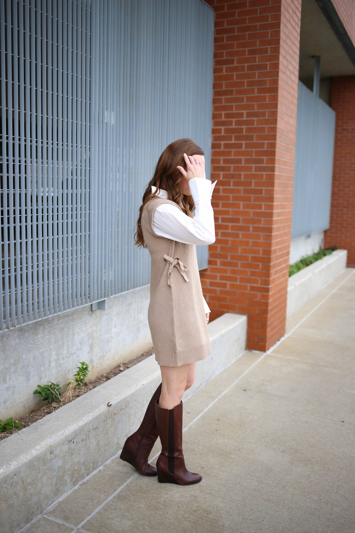 side view of the ivory and taupe knit shirt dress - sweater dress