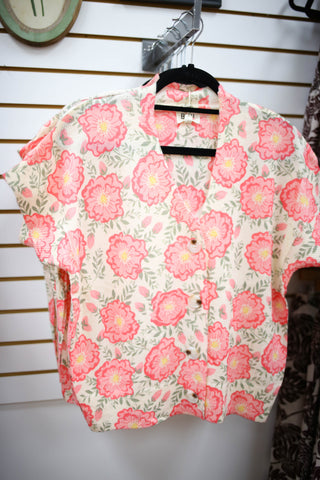 Pink floral print short sleeve cardigan