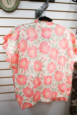 Pink Floral Print Short Sleeve Cardigan | Peony Bibi