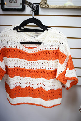Orange and Ivory Stripe Short Sleeve Top | Ollie cozy casual