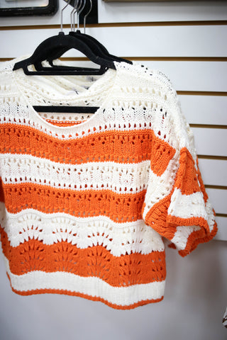 Orange and off-white knit short sleeve crop top