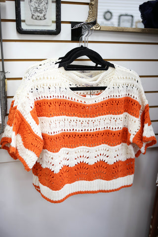 Orange and Ivory Stripe Short Sleeve Top | Ollie cozy casual