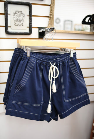 Navy and White Stitch Detail Shorts | Wren Entro