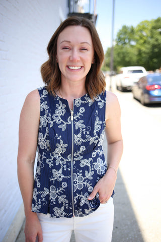 Navy and White Embroidery Peplum Top | Zoey Entro