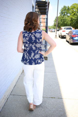 Navy and White Embroidery Peplum Top | Zoey Entro