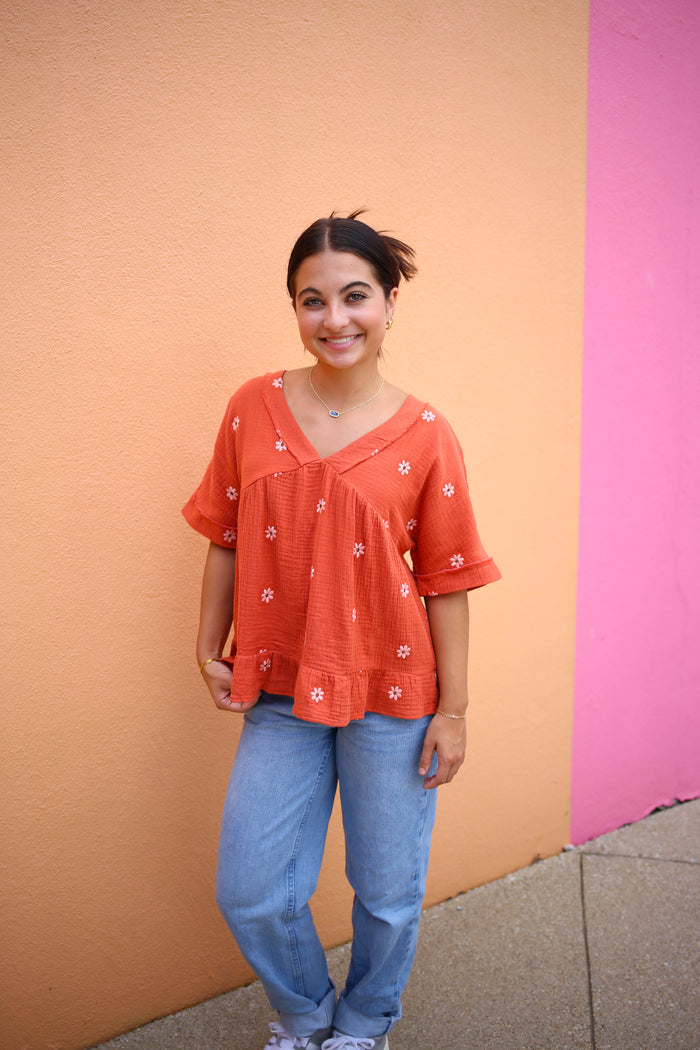 Orange Daisy Embroidery Short Sleeve Top 