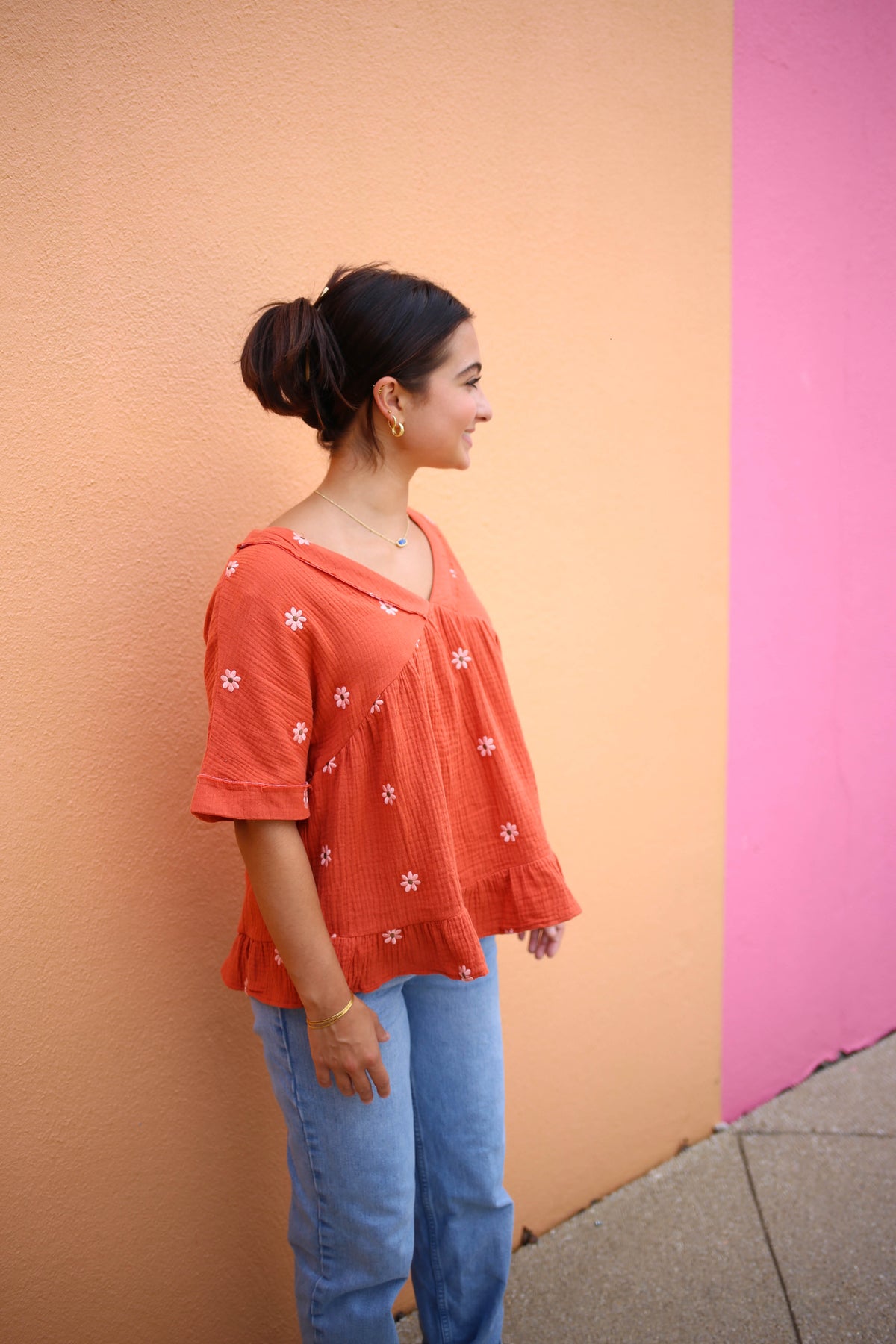 Orange Daisy Print Short Sleeve Top | Lindsey Very J