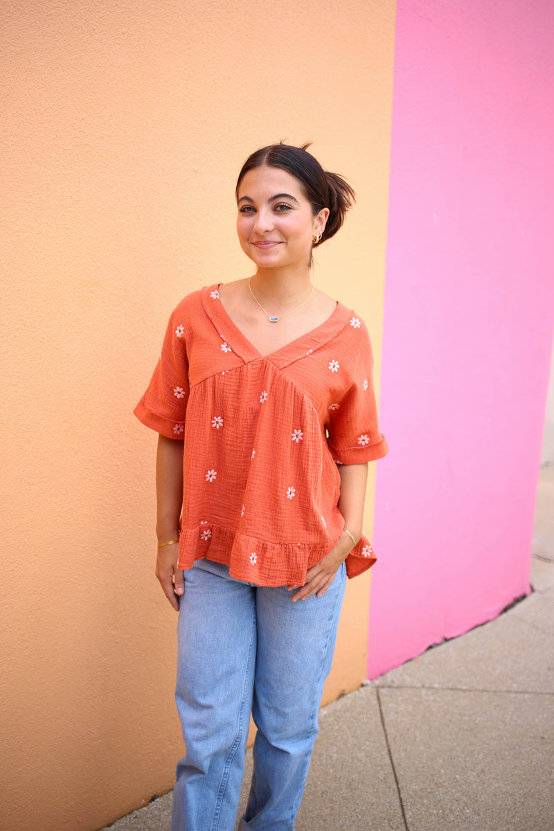 Orange Daisy Print Short Sleeve Top | Lindsey Very J