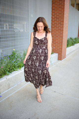 Brown with Cream Floral Embroidery Dress | Mindy Blu Pepper