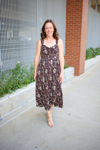 Brown with Cream Floral Embroidery Dress