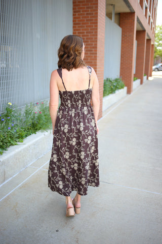 Brown with Cream Floral Embroidery Dress | Mindy Blu Pepper