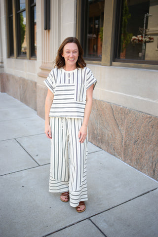 Ivory and Black Stripe Top and Pants Set | Nyra Anniewear